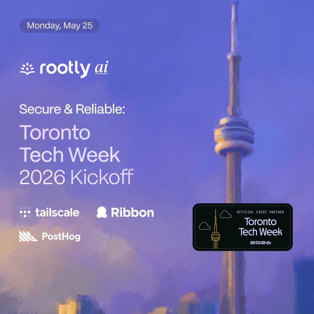 rootlyhq's tweet photo. Toronto Tech Week 2026 is taking over the city next week. And Rootly is hosting 5 events throughout the week.

🛠️ Sun May 24: @TechTO Hackathon. 12 hours, theme is AI personal assistants, with @rootlyhq, @ElevenLabs, blackoboardio, Motion, Codalio, and Tangerine.

🚀 Mon May 25: Toronto Tech Week 2026 Kickoff. Secure and reliable infra night with @Tailscale, @posthog, Ribbon, and Rootly. 331 going, currently waitlist only.

📈 Tue May 26: Scaling Engineering After Product-Market Fit. Panel with engineering leaders from Microsoft, Maple, commonsku, and Rootly. Moderated by Catherine Graham (CEO, commonsku).