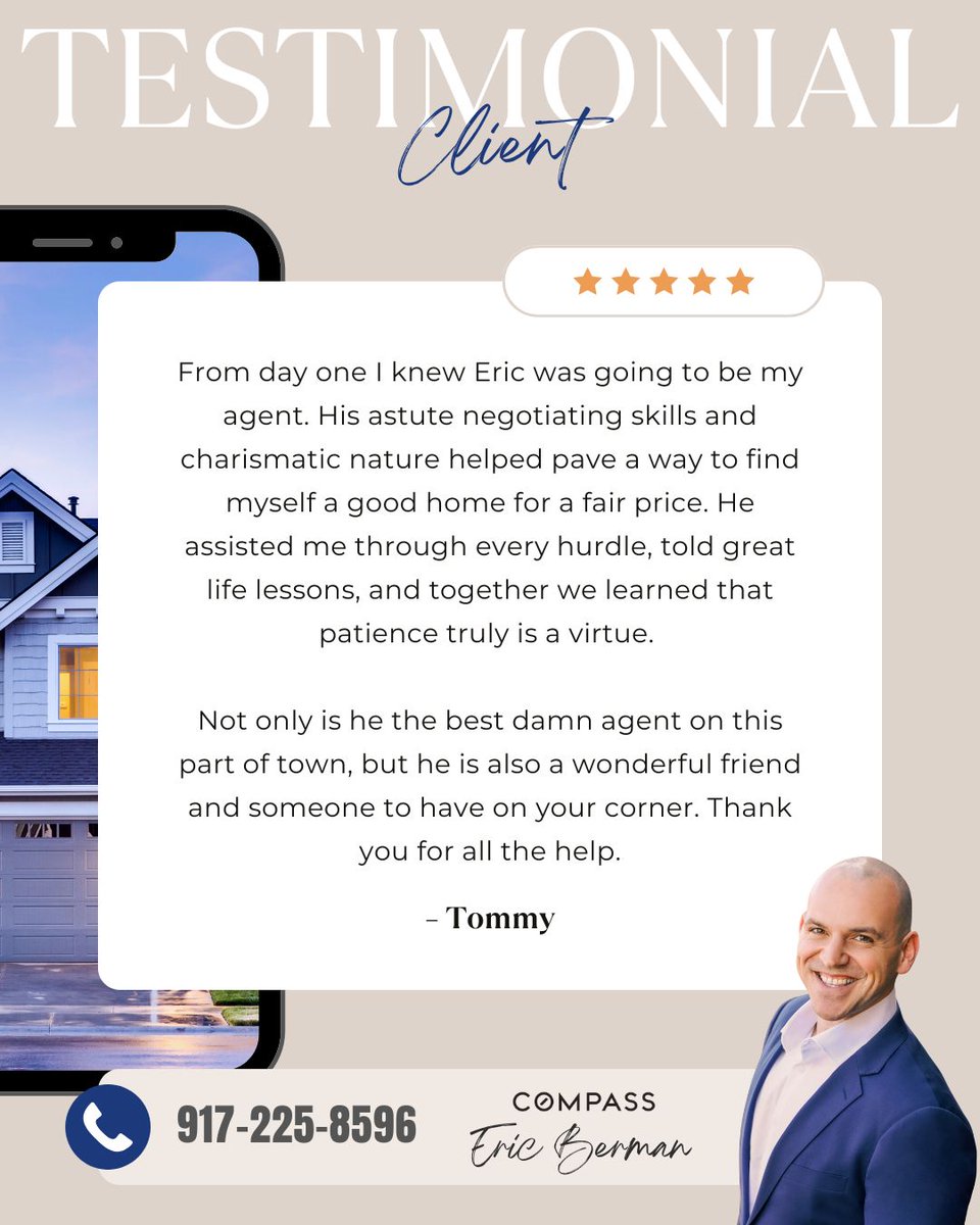 ericberman_'s tweet photo. Helping clients find the perfect place to call home is always the goal. Thank you for the trust, support, and kind words! 🏡✨

Thinking about buying or selling a home? Contact me today and let’s make your real estate goals happen! 

#ClientTestimonial #HappyClient #RealEstate https://t.co/whDIcDp0p1