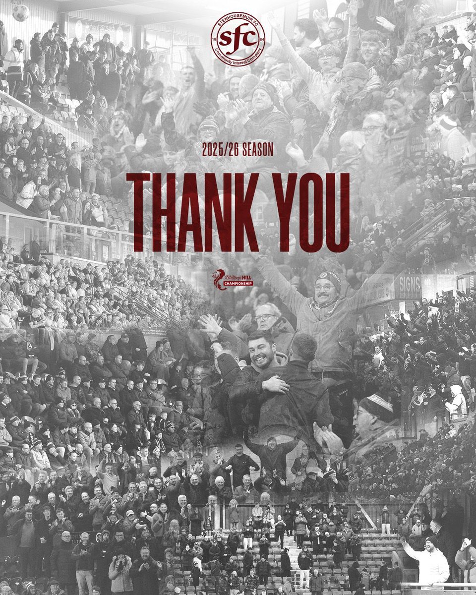 StenhousemuirFC's tweet photo. 𝐖𝐄 𝐖𝐄𝐑𝐄 𝐀𝐋𝐋 𝐓𝐎𝐆𝐄𝐓𝐇𝐄𝐑. 𝐖𝐄 𝐖𝐄𝐍𝐓 𝐀𝐋𝐋 𝐈𝐍.

As the dust settles on a tremendous campaign for the Warriors, we would like to thank every supporter who backed the club throughout the season.

From Peterhead to Dumfries, from Inverness to Greenock, you followed this team everywhere.

Home and away, through every high, every setback and every massive moment, you filled Ochilview, travelled the country, raised the noise when we needed it most and stood with this team every single step of the way.

Now... Stenhousemuir Football Club is heading to the Championship!

This achievement belongs to everyone connected with the club, and especially to you, the supporters.

The scenes on Saturday night are memories that will stay with us forever.

Thank you for believing.
Thank you for backing the team.
Thank you for making Stenhousemuir so special.

⚔️🇱🇻