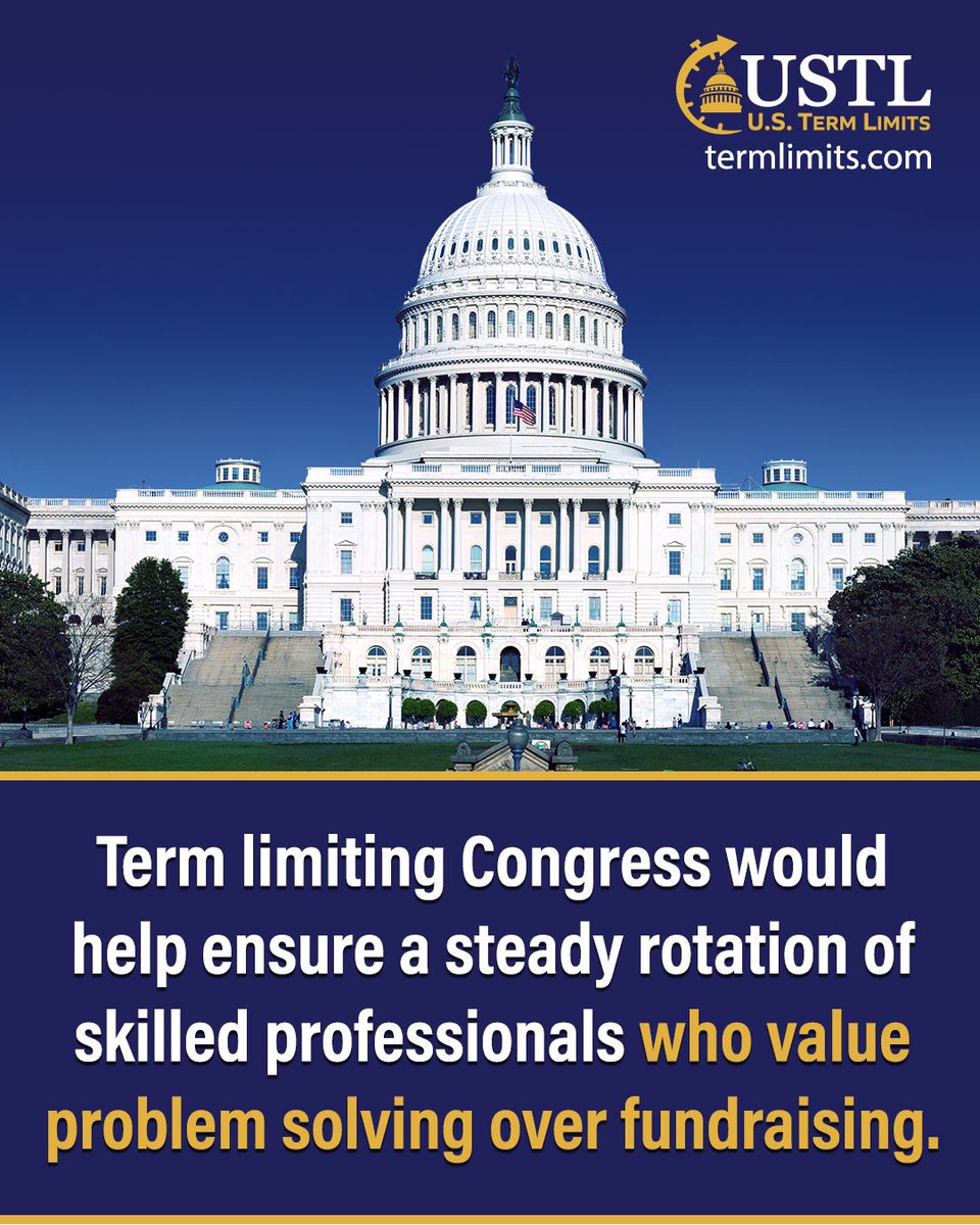 USTermLimits's tweet photo. Term limiting Congress would help ensure a steady rotation of skilled professionals who value problem solving over fundraising.

That’s how a citizen legislature should work. We need skilled professionals from our communities to step up, solve problems, and bring real-world experience to public service.

Let's bring the focus back to public service and practical solutions.
Help to drive change, sign the petition: https://t.co/RJh7BgNpyO