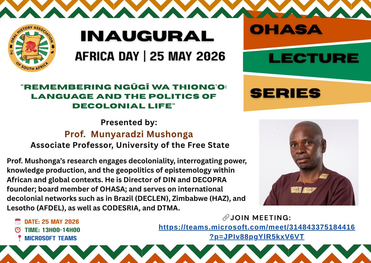 cal_devries's tweet photo. #AfricaDay #OHASA #OralHistory #Decoloniality #NgugiWaThiongo #AfricanScholarship #Heritage #Archives #KnowledgeProduction #SouthAfrica #PublicHistory #DecolonialStudies https://t.co/VKBBsnooRQ