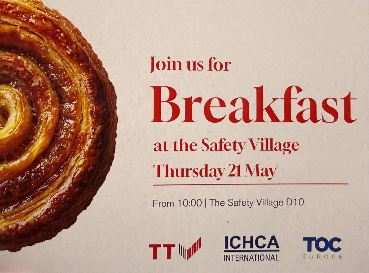 ICHCA2's tweet photo. Anyone attending TOC Europe this week, are very welcome to join us for late breakfast on Thursday. Come and ask questions, chat and share ideas. We look forward to seeing you here at the Safety Village. 

#TOCEurope #TTClub #ICHCA https://t.co/hLc26YiA01