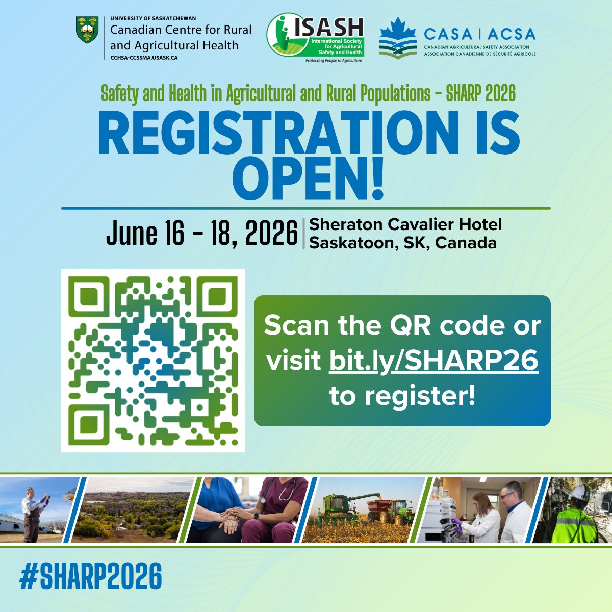 USaskCCRAH's tweet photo. SHARP 2026 is just a few weeks away! Join us from June 16-18 in Saskatoon to advance the health and safety of rural and agricultural people!
Check out the scientific program and register to attend here: https://t.co/SLGIQ2HcWc
@real_isash @planfarmsafety #SHARP2026 https://t.co/hipNV5faSF