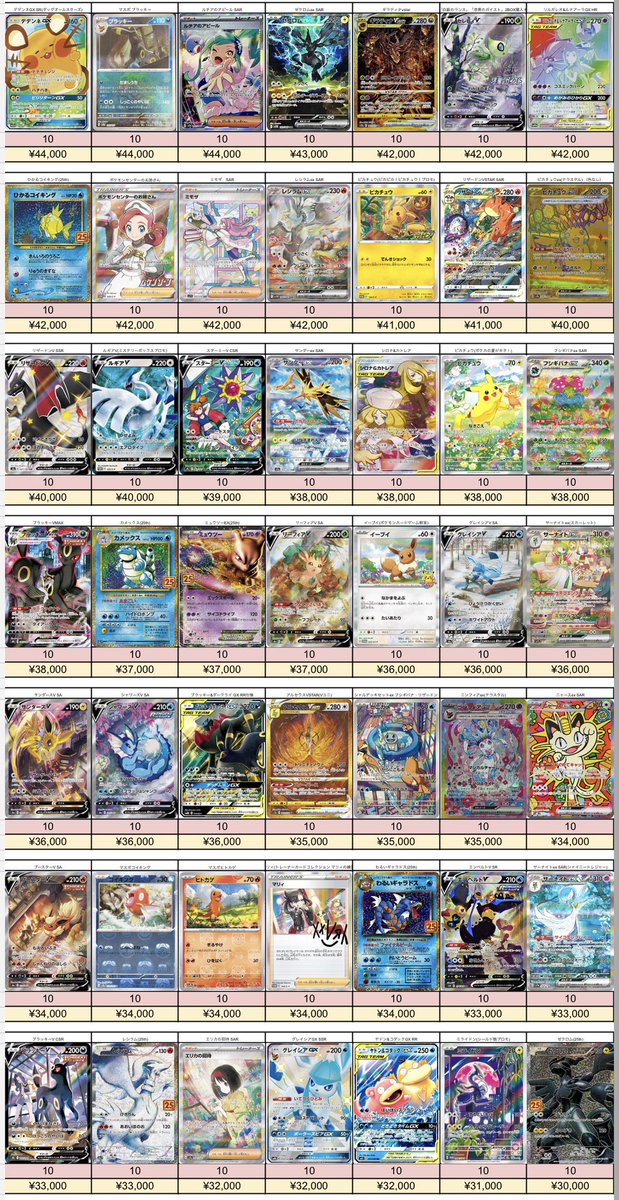 torekanokyuden's tweet photo. 5/20受付分🌟

🔥📮ポケモンカードPSA10 郵送買取表📮🔥

買取が成立しましたら24時間以内の振込でご利用いただけますので、ぜひお問い合わせください‼️

🔸キャンペーン実施中🔸
郵送買取をリポストをしてくれた方の中から毎週１名様へ何かしらのポケカBOXをプレゼント🎁
毎日リポストすると当選確率UP☝️

⭐️白かけ、異物混入ない限り満額率高めです⭐️

郵送買取ご希望の方は公式LINEへ➡️   【https://t.co/m1wOhLVOIn】

🔆表中の買取希望商品と価格・枚数をLINEでお伝えください🔆

買取表以外のカードも買取可能です✨
まずはお気軽にお問い合わせください🎶
※お写真での仮査定は行っておりません🙇
店休日は郵送買取もお休みです⚠️

#トレカの宮殿
#王メモ
#秋葉原PSA買取
#秋葉原Box買取
#ポケカプレゼント
#ピカチュウ
#ポケカ 
#プレゼント
#キャンペーン実施中