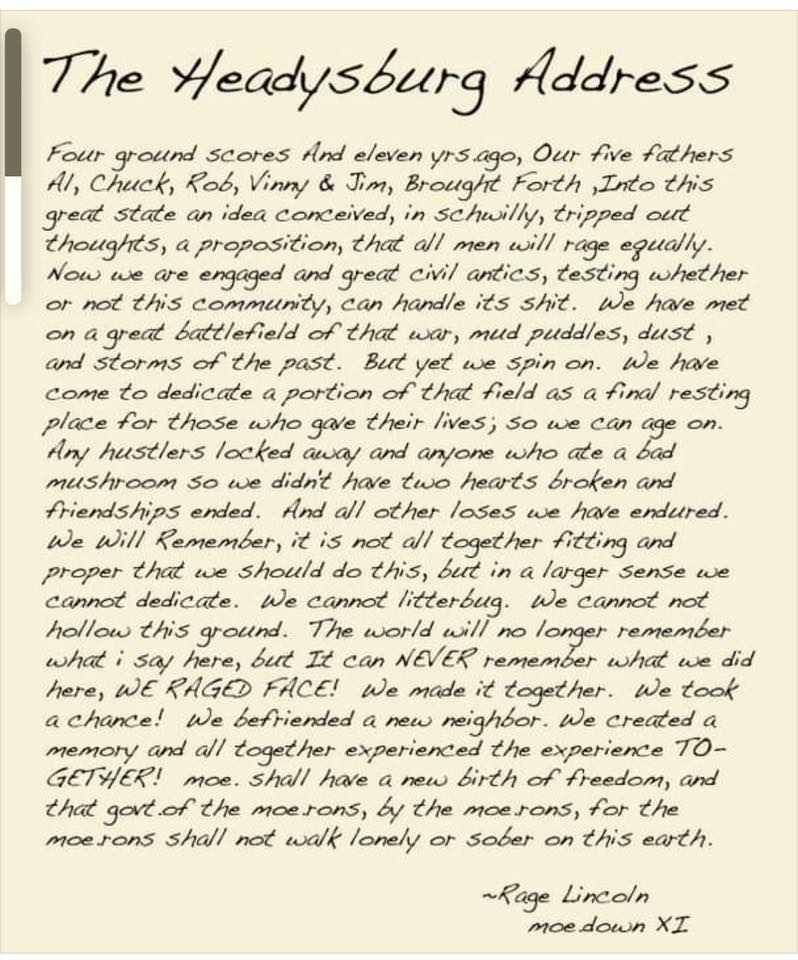 moeperiod's tweet photo. A sacred text from moe.down history: Rage Lincoln’s Headysburg Address after winning Mayor of moe.down XI.

We’re only 58 days out from moe.down, which means campaign season is creeping up fast. Who’s throwing their hat in the ring? 

Tickets + info at https://t.co/ABHdpiRmot 🎟️ https://t.co/40vouNGkFC