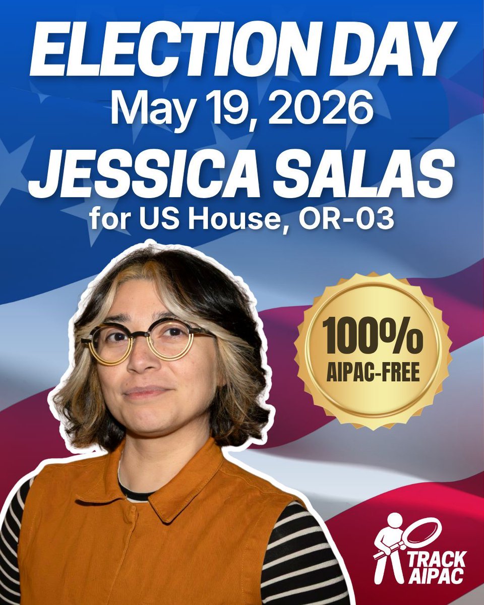 TrackAIPAC's tweet photo. It's Election Day for the May 19 Primary in Oregon and @jsalfororegon is 100% FREE of AIPAC donations. If you live in #OR03, make sure to get to the polls and VOTE for our endorsed anti-AIPAC candidate! https://t.co/5kg7qMFII8