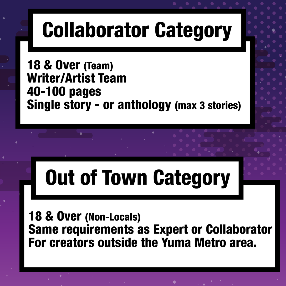 iFdesignstudios's tweet photo. ✨ Which category fits you in the Visual Storyteller contest?
Junior — 17 &amp; under
Expert — 18+ individuals
Collaborator — 18+ teams
Out-of-Town — outside Yuma area
Find your fit &amp; submit by Sept 1st!
🔗 https://t.co/JlNIG5mOzm

#VisualStoryteller #ComicCreators #ArtistsWanted https://t.co/VtWT2tC9cf