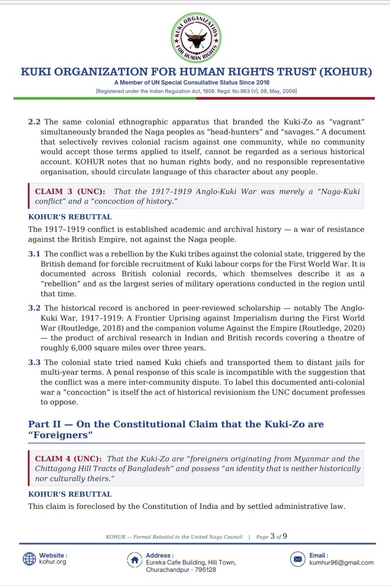 Sumkawn's tweet photo. Kuki Human Rights body (KOHUR) formal rebuttal to the document circulated by the media cell of the UNV working committee
@Neiphiu_Rio @Lal_Duhoma @ANI @PTI_News @IndiaTodayNE @NENowNews @NELiveTV @vijaita @angshuman_ch @aliyaqut @BhardwajAnanya @thewire_in @ttindia @SangmaConrad https://t.co/eIpXAIOMpQ