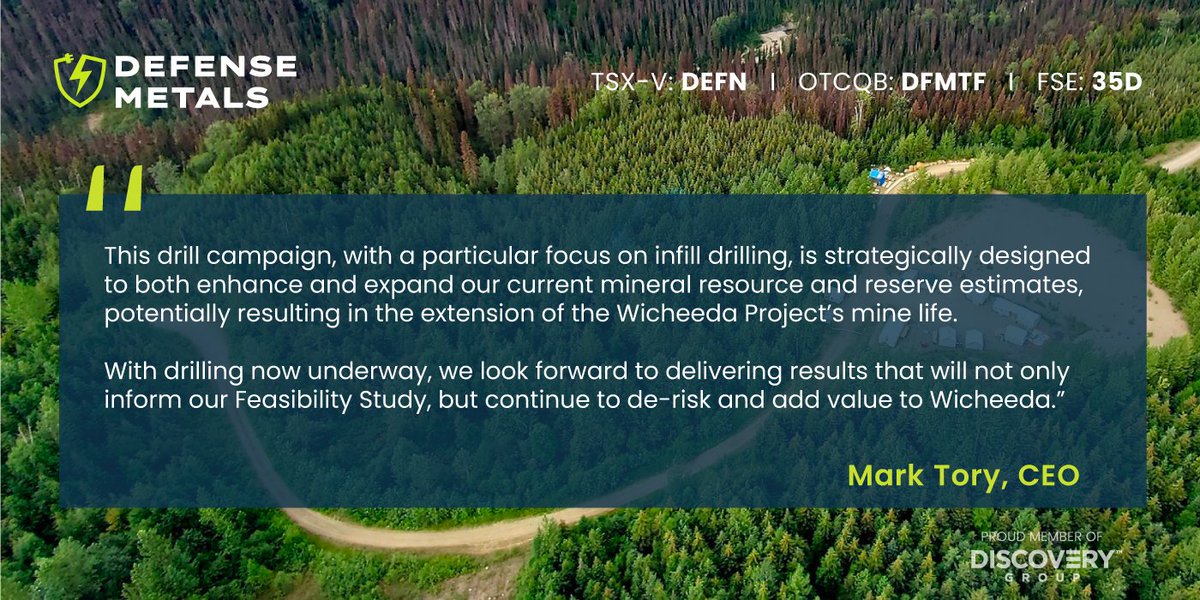 DefenseMetals's tweet photo. "With drilling now underway, we look forward to delivering results that will not only inform our Feasibility Study, but continue to de-risk and add value to Wicheeda,” said Mark Tory, President &amp; CEO.

Read the announcement: https://t.co/jt0f4xfhWS

$DEFN.v #REE #CriticalMinerals https://t.co/dDHgtXhDc5