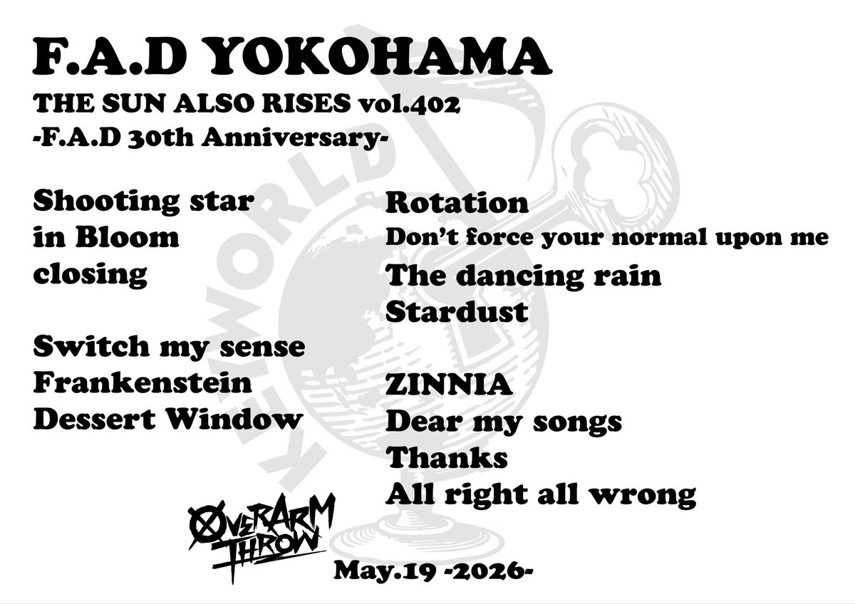 KEYWORLD_tweet's tweet photo. 2026.5.19 横浜F.A.D YOKOHAMA
"THE SUN ALSO RISES vol.402"
-F.A.D 30th Anniversary-

w/ ROTTENGRAFFTY

photo by Kanade Nishikata https://t.co/p7iERWVjmv