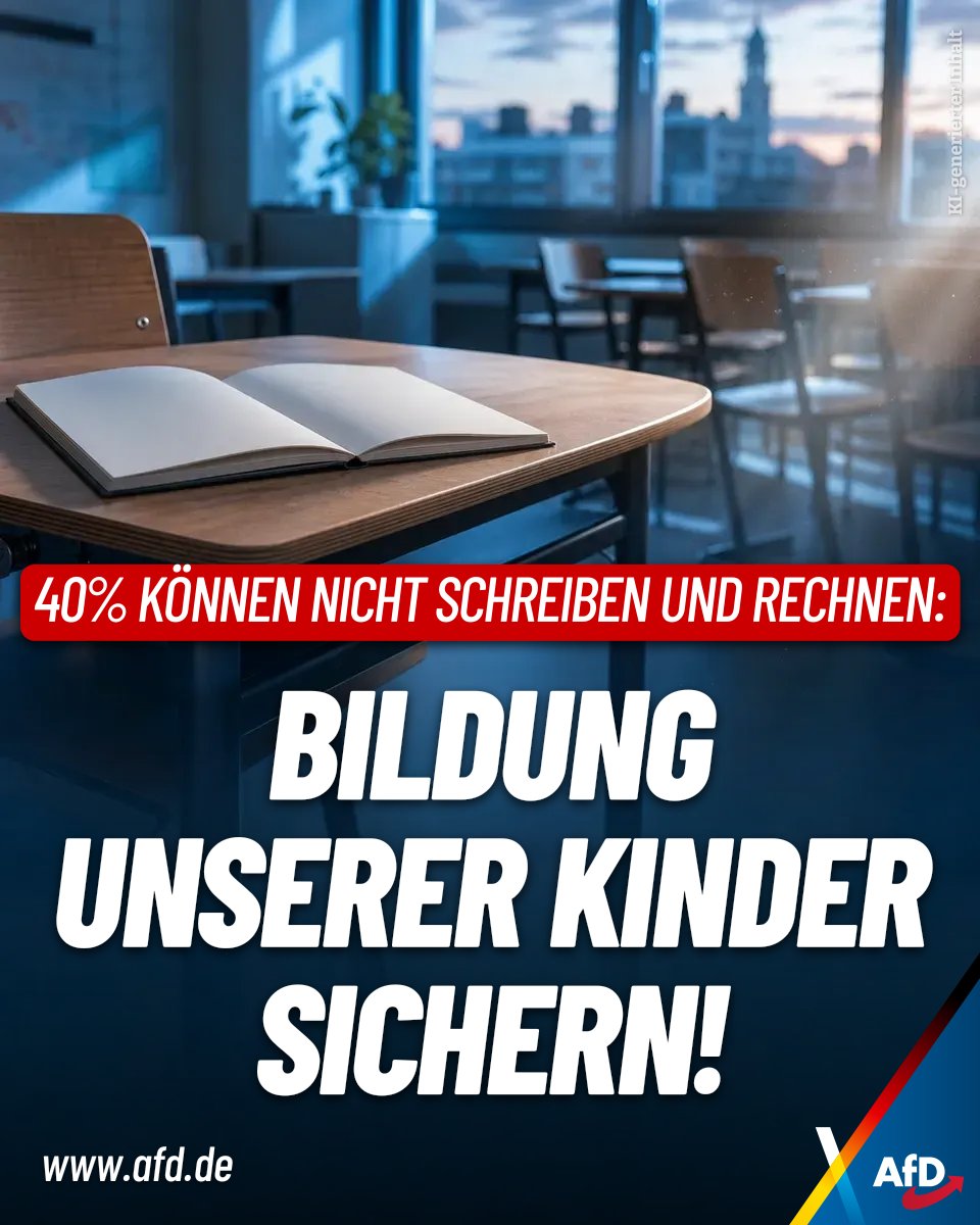 AfD's tweet photo. Deutschland droht der Bildungsabstieg. Wenn fast die Hälfte der Kinder in Brennpunkten schulische Grundkompetenzen verfehlt, ist das ein politisches Armutszeugnis. Wir brauchen endlich wieder Leistung, Ordnung und den Fokus auf unsere Sprache in jedem Klassenzimmer. Die Zukunft unserer Kinder darf nicht länger dem Zufall überlassen werden.
