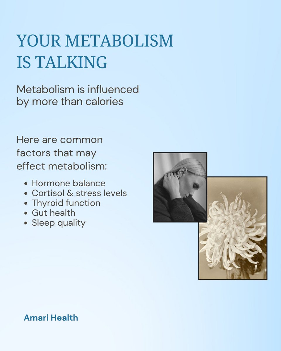 AmariHealth's tweet photo. If your energy feels low, your body feels stuck, or you’re noticing changes that don’t make sense, it’s often not random. Your hormones, stress response, thyroid, and gut are all working behind the scenes to regulate how your metabolism functions every day. https://t.co/C5lsPC8fAS