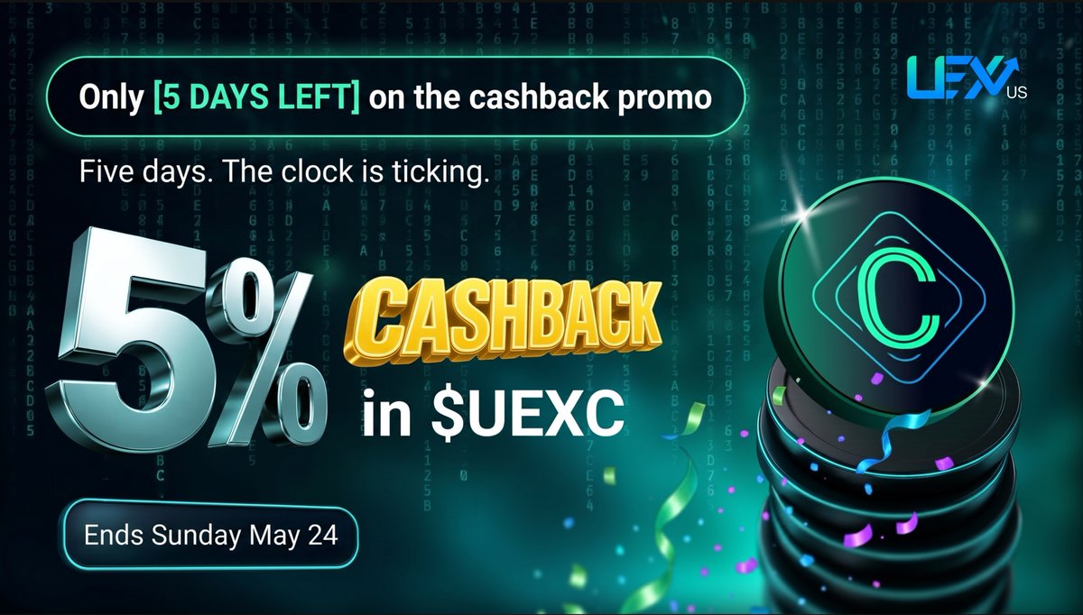 uex_us's tweet photo. Five days left on the $UEXC cashback promo!

5% cashback in $UEXC on every deposit you make on https://t.co/tENlDZyZmC through Sunday May 24. Across $BTC, $ETH, $SOL, $XRP, $ONDO, $LINK, $PEPE, $SNEK, and the rest of the assets we list (over 100 assets). Up to $1,000 per user.

The $UEXC you earn locks for 60 days after launch, then it's yours.

A red Monday and a softer Tuesday is the kind of week most traders sit out. Funding your account this week earns you back 5% of every dollar you bring in, paid in the asset that powers the platform you're building a position on.

No wash depositing. Funds withdrawn and redeposited inside the promo window don't count.

https://t.co/ukiaEdoXF4. Five days. The clock is ticking.