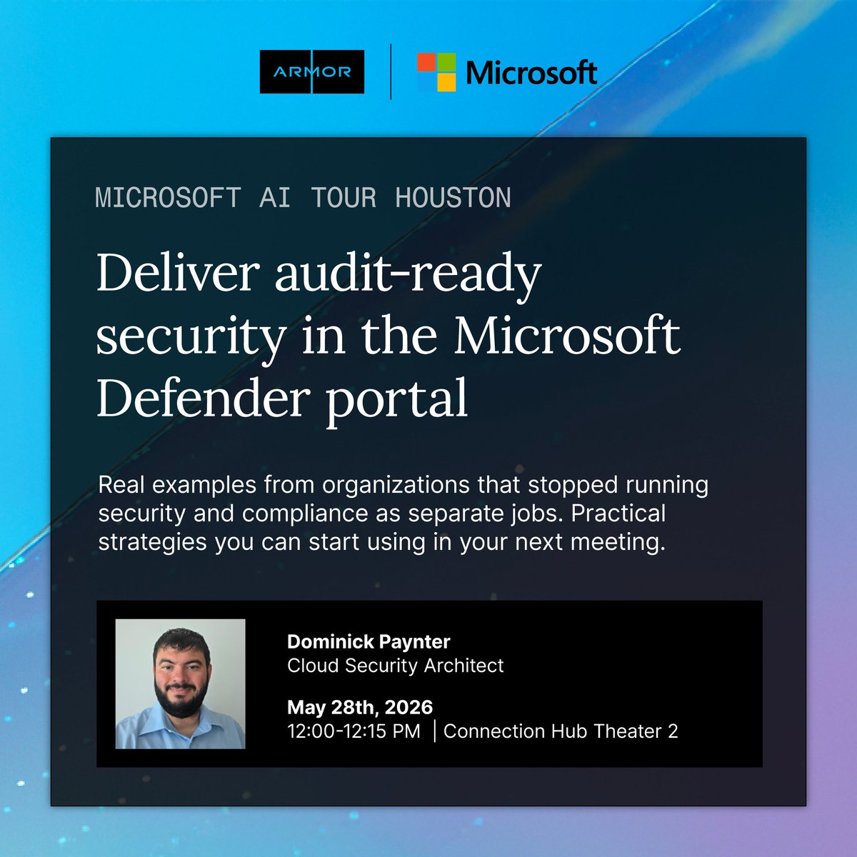 Armor's tweet photo. 𝗦𝗲𝗰𝘂𝗿𝗶𝘁𝘆 𝗮𝗻𝗱 𝗰𝗼𝗺𝗽𝗹𝗶𝗮𝗻𝗰𝗲 𝗮𝗿𝗲𝗻'𝘁 𝘁𝘄𝗼 𝗽𝗿𝗼𝗯𝗹𝗲𝗺𝘀. 𝗠𝗼𝘀𝘁 𝗼𝗿𝗴𝗮𝗻𝗶𝘇𝗮𝘁𝗶𝗼𝗻𝘀 𝗷𝘂𝘀𝘁 𝘁𝗿𝗲𝗮𝘁 𝘁𝗵𝗲𝗺 𝘁𝗵𝗮𝘁 𝘄𝗮𝘆.

Deliver audit-ready security in the Microsoft Defender portal
May 28th
12:00-12:15 PM | Connection Hub Theater 2

Learn more 👉https://t.co/wjaxGX8pNl

#MicrosoftAITour #InfoSec #Armor
