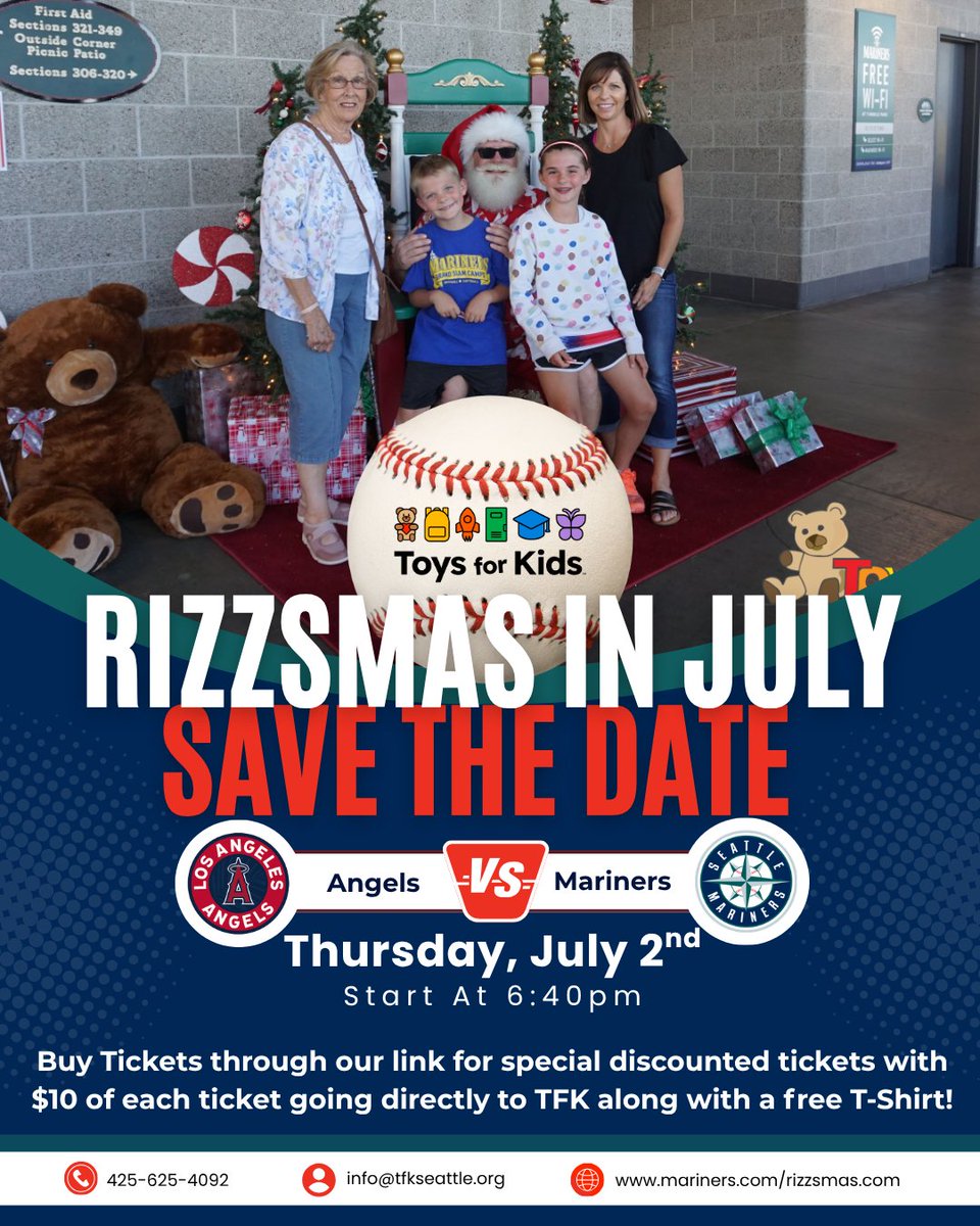 TFKSeattle's tweet photo. Save the date for Rizzsmas in July! This is not only an official Mariners theme game, but a bobble head one as well. Make sure to get your tickets through the link in our bio for not only a free T-shirt, but $10 of your ticket goes directly to TFK! https://t.co/rAaIU9Fiyr