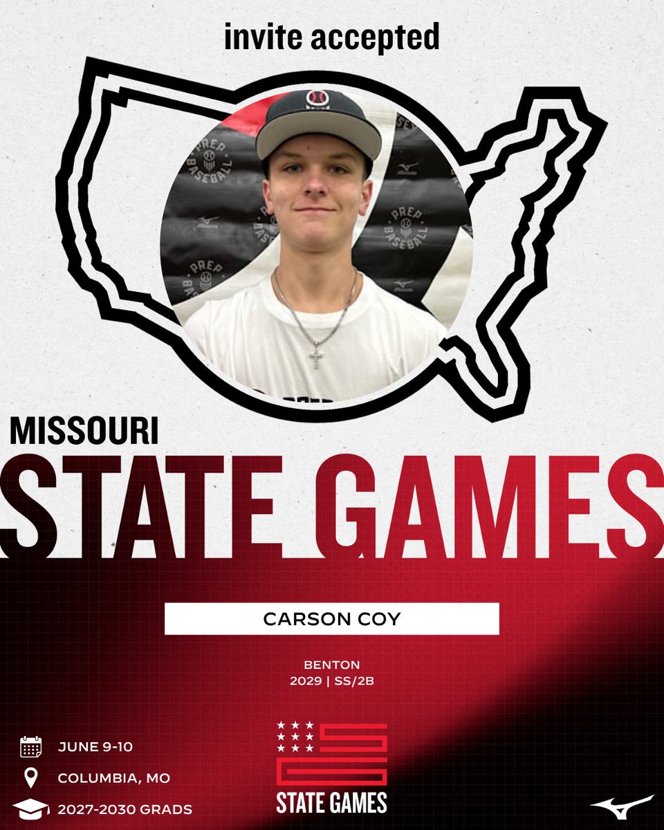 PrepBaseballMO's tweet photo. 𝙈𝙞𝙨𝙨𝙤𝙪𝙧𝙞 𝙎𝙩𝙖𝙩𝙚 𝙂𝙖𝙢𝙚𝙨: 𝙄𝙣𝙫𝙞𝙩𝙚 𝘼𝙘𝙘𝙚𝙥𝙩𝙚𝙙 ✅

'29 SS/2B Carson Coy (Benton) is Locked In 🔐 for #MOSG26

👤: https://t.co/4AaS5UF88M // @CarsonCoy1

Event Info 👉 https://t.co/vv9hhIFujU https://t.co/Lka7Sli5qy