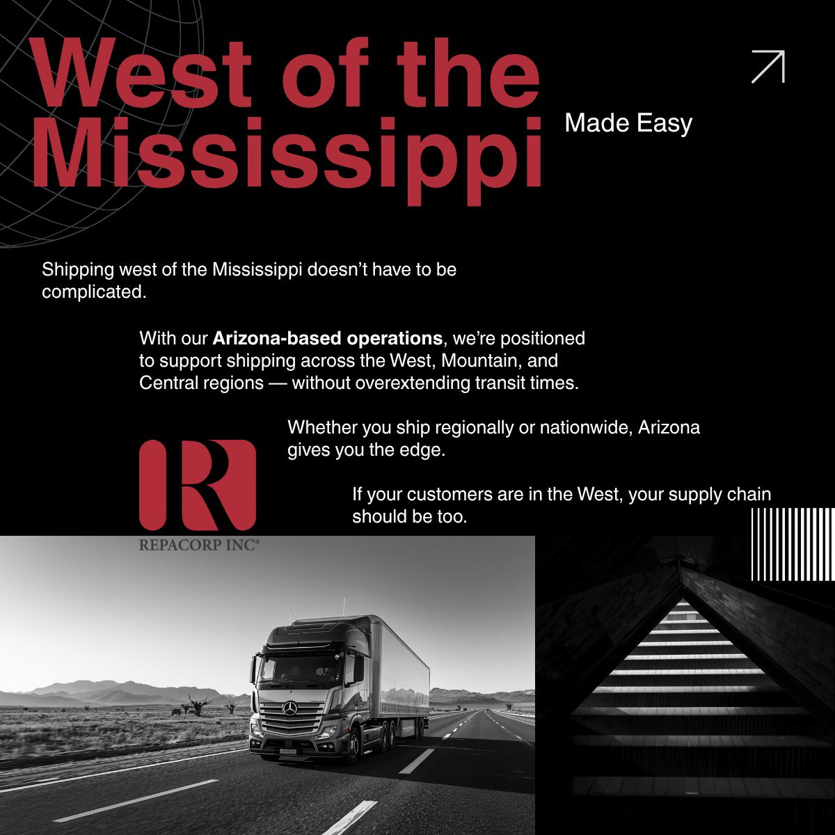 RepacorpI's tweet photo. Shipping west of the Mississippi made easy. 📦
Our Arizona‑based operations support fast, reliable shipping across the West, Mountain &amp; Central regions—without long transit times.
If your customers are in the West, your supply chain should be too.
#ArizonaLogistics #Shipping https://t.co/bsoipLG6Sp