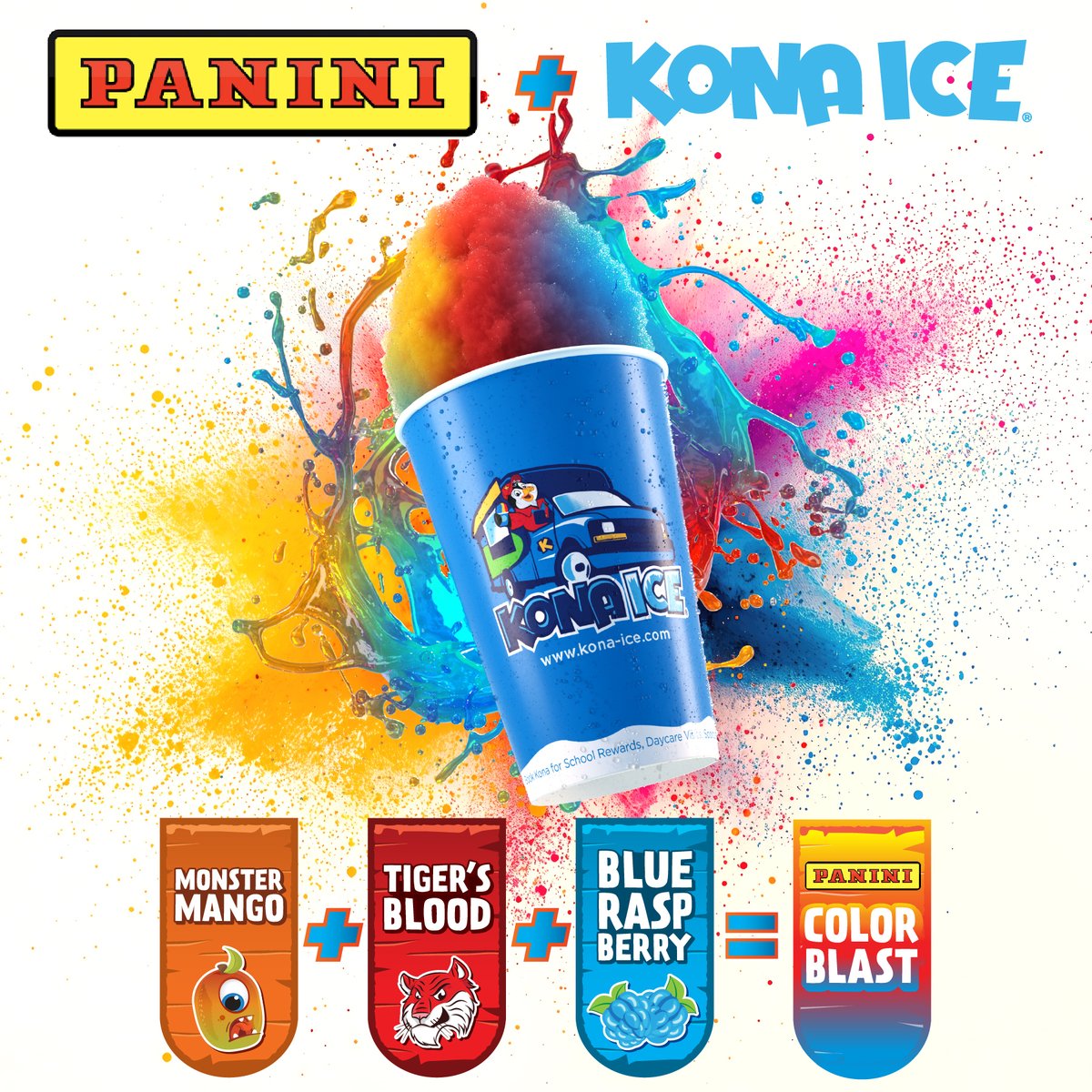 KONAICE's tweet photo. Collect the moments, taste the Color Blast! 🌈🍧⚽

Kona Ice and Panini are teaming up this summer to bring the energy of Color Blast to your cup! Inspired by Panini’s iconic collectible cards, this bold flavor combo mixes Monster Mango, Tiger’s Blood, and Blue Raspberry into... https://t.co/oOLAtqdFfI
