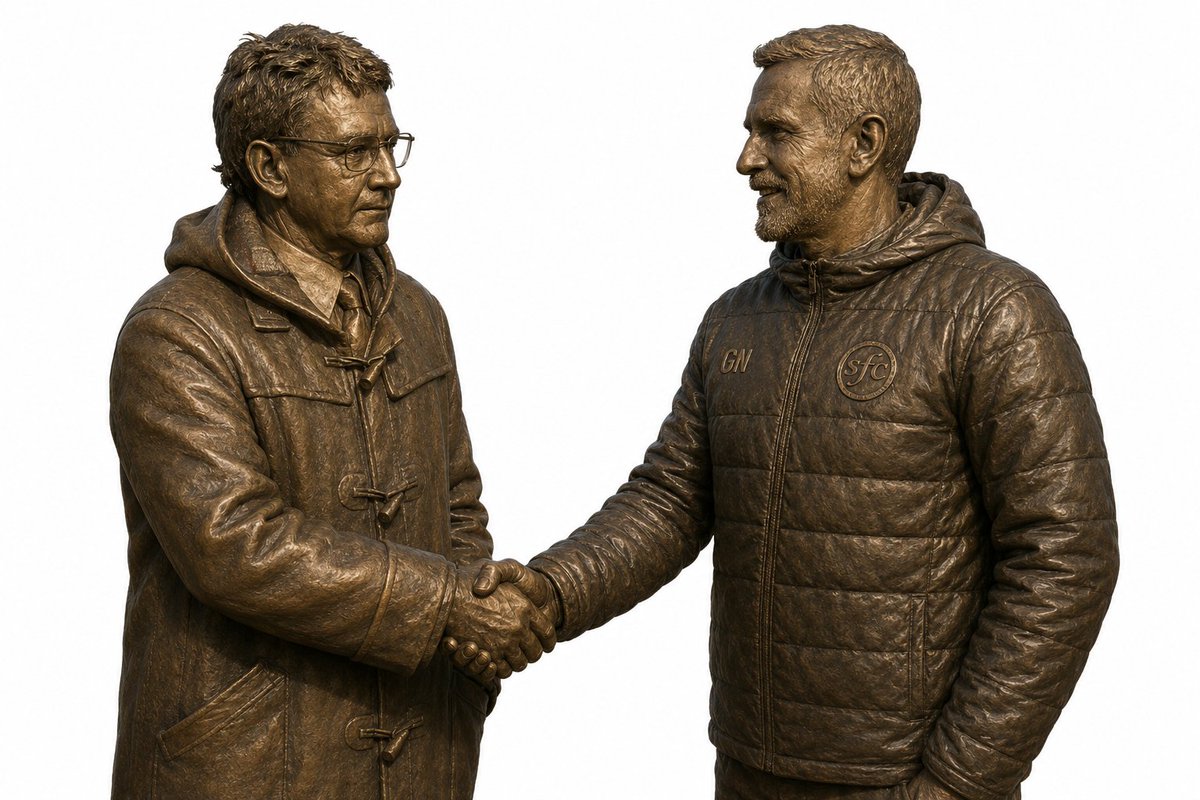 StennyFan's tweet photo. @StenhousemuirFC Let's commission this now. 2 legends. Our first ever trophy led by the great Terry Christie, and our first title led by the brilliant Gary Naysmith. Looks good in front of Ochilview. https://t.co/X6bnaCS0kg