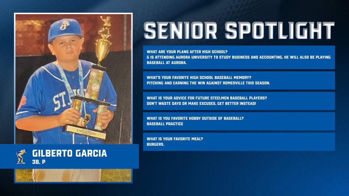 SteelmnBaseball's tweet photo. Our sixth senior spotlight features Gilberto Garcia. We want to thank Gilberto for his commitment to the program over the years and wish him all the best in the future! Thank you Gilberto! https://t.co/aL5TIWMGmG