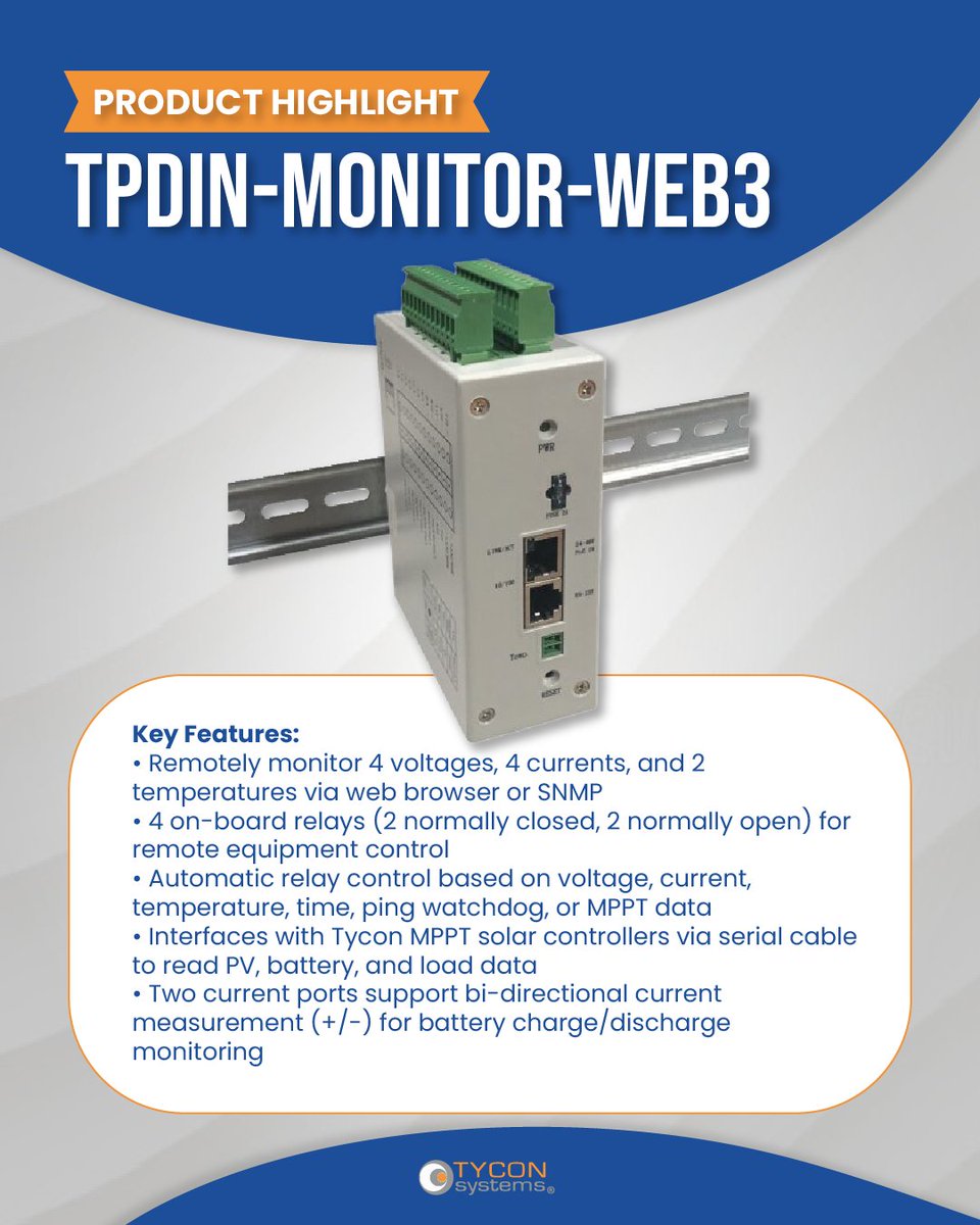TyconSys's tweet photo. From voltage and current monitoring to automated relay control and instant alerts, the TPDIN-Monitor-WEB3 keeps your operations running smoothly 24/7.

📲 Learn more at: https://t.co/uKq9Ty94Nz 

#TyconSystems #SolarPower #NetworkingGear #SurgeProtector #10GNetwork #UPS https://t.co/AU2lIRWoMs