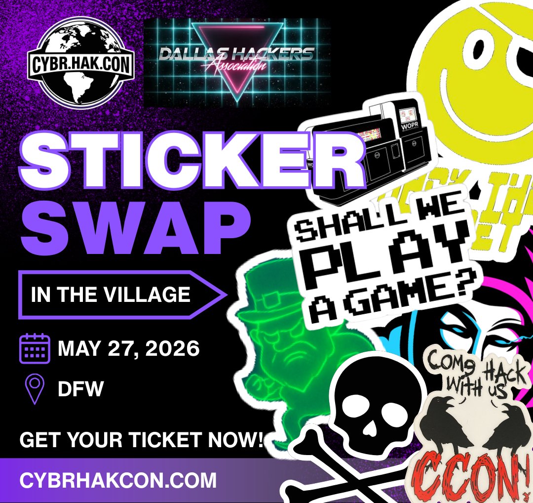 CybrSecCon's tweet photo. The Dallas Hackers Association will be hosting a Sticker Swap in the Village at CYBR.HAK.CON. on May 27th in DFW!

Bring your favorite stickers, trade with fellow hackers, and leave with some new additions for your laptop, water bottle, gear case, or wherever your collection lives.

Don’t have your CYBR.HAK.CON. ticket yet? What are you waiting for?! Get yours now at: https://t.co/YOBnDGbY59

#CYBRHAKCON #CYBRSECCommunity #DallasHackersAssociation #DFWEvents #CybersecurityConference #HackerCommunity #StickerSwap #InfoSec #Cybersecurity #DFWTech