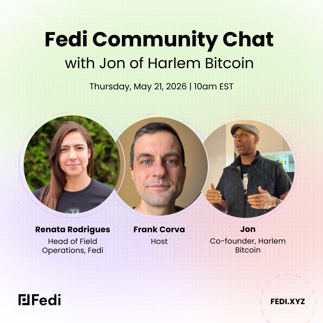 fedibtc's tweet photo. Join @lobaestrangeira, @frankcorva, and Jon of @HarlemBitcoin this Thursday, May 21st, at 10am EST here at @fedibtc.    

They'll be discussing Harlem Bitcoin and how they use Fedi for their community.

This will also be Renata's debut on the Fedi Community Chat!

Be sure to tune in!