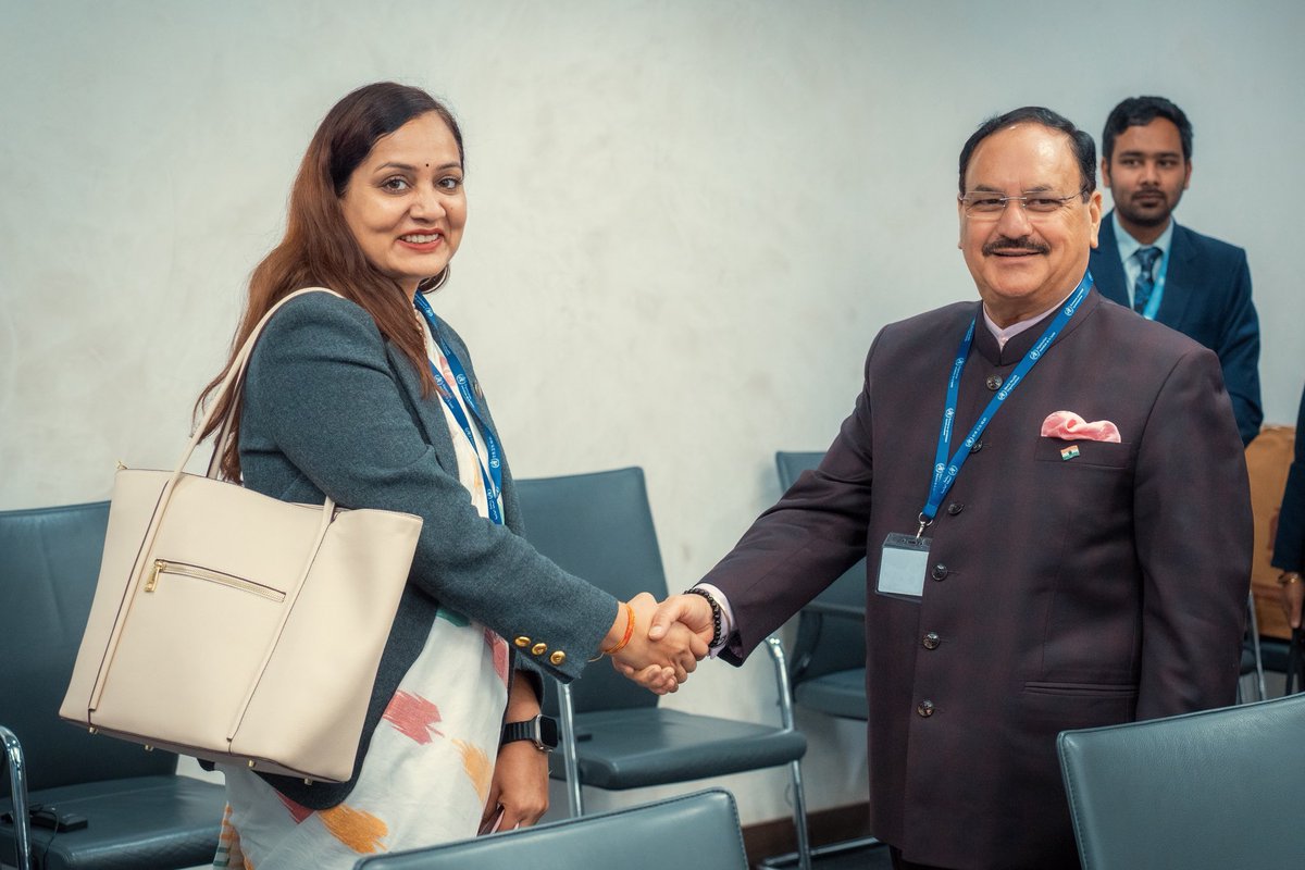 MoHFW_INDIA's tweet photo. Union Health Minister, Shri J. P. Nadda held a productive bilateral meeting with Nepal’s Health Minister Ms. Neesha Mehta on the sidelines of #WHA79 in Geneva.

Recalling the deep-rooted civilizational and cultural ties between India and Nepal, Shri Nadda congratulated Ms. Mehta on assuming office and expressed confidence in further strengthening the longstanding partnership between the two countries.

The discussions focused on enhancing cooperation in mental healthcare, digital health interventions including telemedicine, capacity building of healthcare professionals, and ensuring access to affordable and quality medicines.

#WHA79
#IndiaAtWHA79
#IndiaNepal