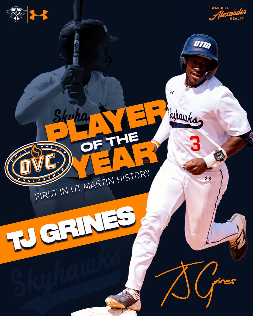 utmsports's tweet photo. For the first time ever, the OVC Player of the Year is a UT Martin Skyhawk!

Congratulations to TJ Grines on being named conference player of the year and collecting All-OVC first team accolades.

⚾️65 stolen bases
⚾️56 RBIs
⚾️92 hits

#MartinMade #OVCit https://t.co/a2x3HLbzWJ
