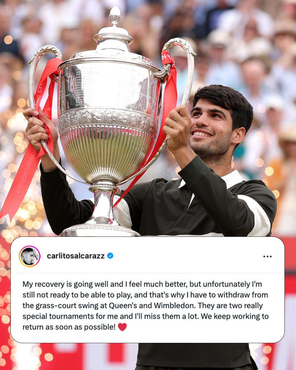 QueensTennis's tweet photo. We will miss you @carlosalcaraz 😭♥️

Recover well &amp; come back stronger! https://t.co/NHbnPxZNDB