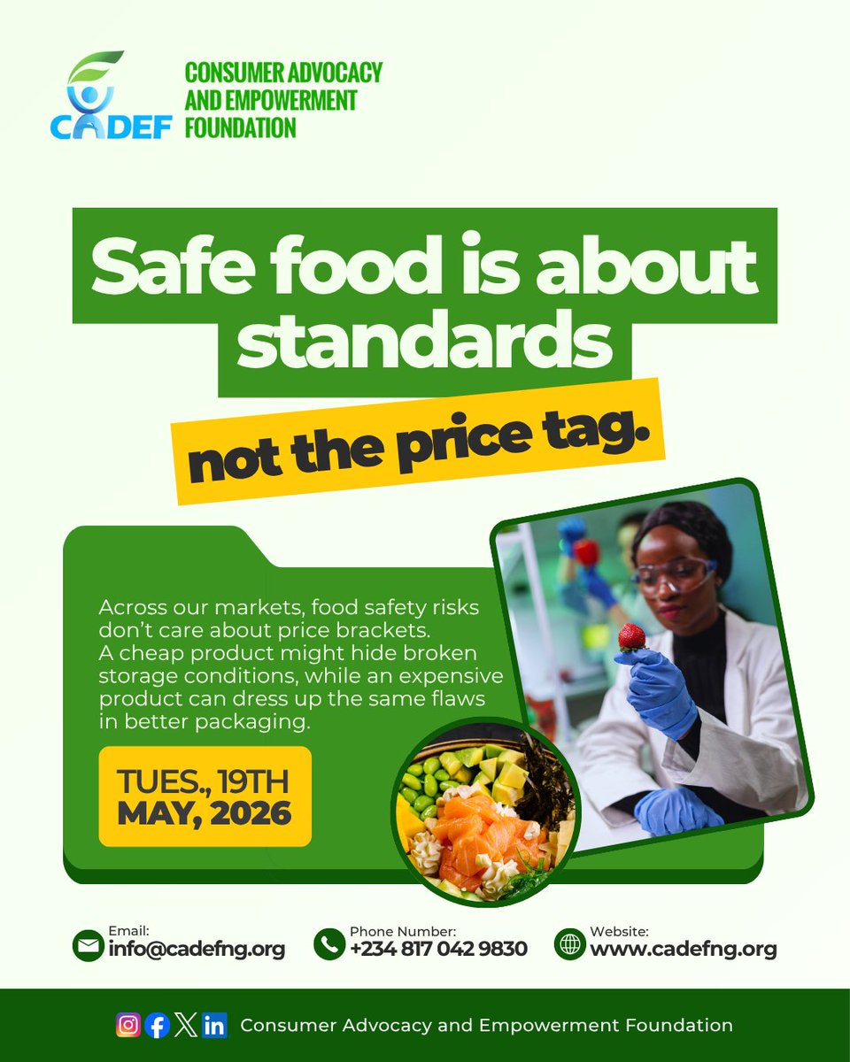 cadef_ng's tweet photo. We learnt to judge food by price.
But food safety violations do not care about price tags.
Cheap or expensive, unsafe food can mean poor storage, counterfeit labelling, tampered expiry dates, or unsafe handling.
It’s about awareness.
#FoodSafety #ConsumerProtection #CADEF https://t.co/SyH7Kb5evP