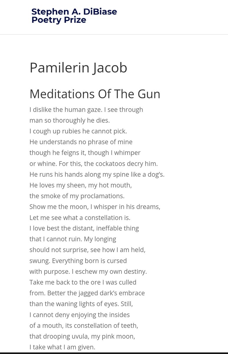 pamilerinjacob's tweet photo. my poem, Meditations of the Gun, was a finalist in the annual Stephen A. Dibiase prize. do enjoy! https://t.co/QlzWjZfCBh