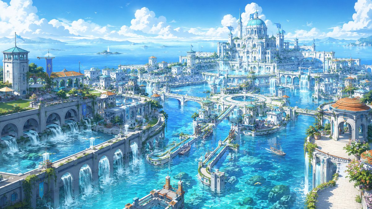 __LONPEL__'s tweet photo. 【無料背景素材配布】
海上ファンタジー水上都市の背景素材を無料配布中🌊
魔法と水の息づく美しい街並みをお届けします！
商用利用OK・クレジット不要 https://t.co/O9I51Z4TUb
