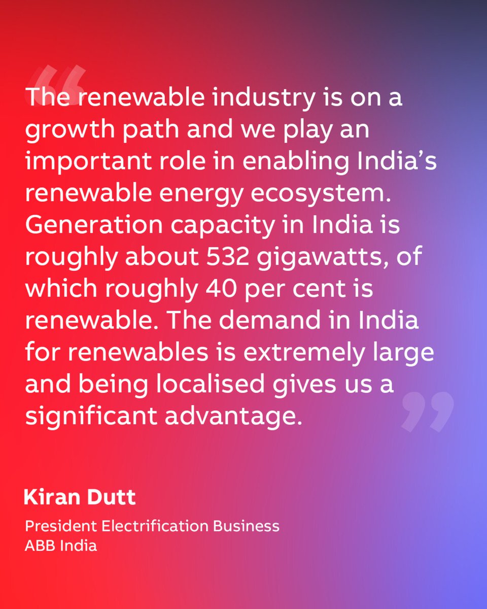 ABBIndia's tweet photo. India’s renewable energy sector is gaining strong momentum, creating an urgent need for scalable, localised solutions. 

In a conversation with The Hindu Business Line, Kiran Dutt President, Electrification Business, ABB India shared how we are enabling a stronger local-for-local strategy to better serve India’s growing renewable energy demand, while deepening manufacturing capabilities and strengthening supply chain resilience.

Kiran added, localization as a key advantage in supporting the country’s rapidly expanding renewable sector and building long-term solution.

Learn More: https://t.co/c38VwnbO7o

#ABBIndia #Electrification #RenewableEnergy #EngineeredToOutrun