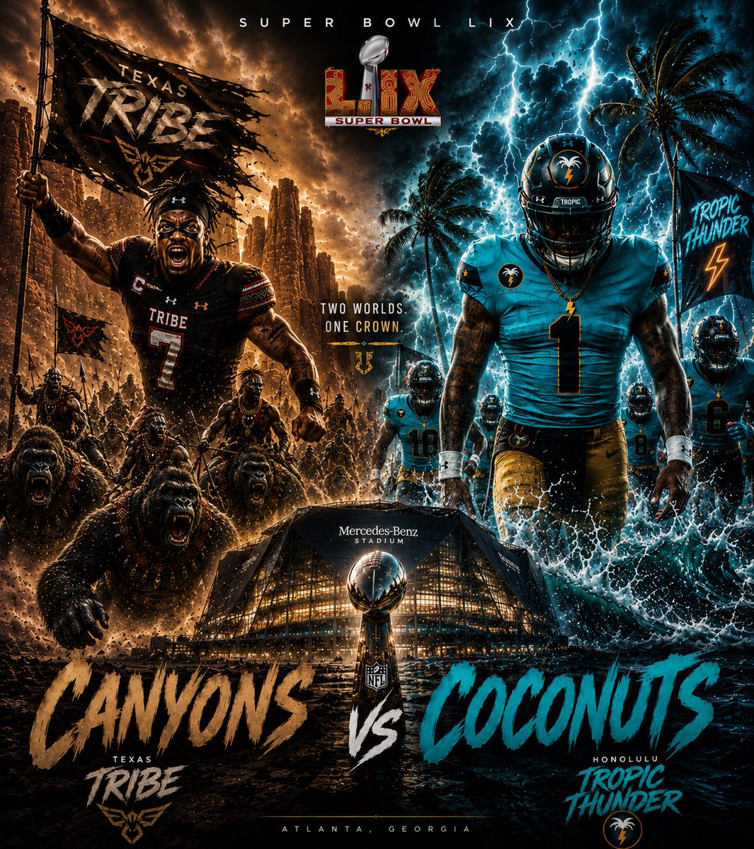 PRIMETIMEmcu's tweet photo. 🌴🪶 SUPER BOWL TIME 😈

CANYONS VS COCONUTS.

The gritty, relentless Texas Tribe 🦍
vs
The undefeated defending champion Tropic Thunder ⚡️

Mountains of pressure.
Palm trees and chaos.
One Lombardi.

Atlanta is about to witness WAR 😭🔥

#SuperBowl #MCFL https://t.co/M3S6oW2l3i