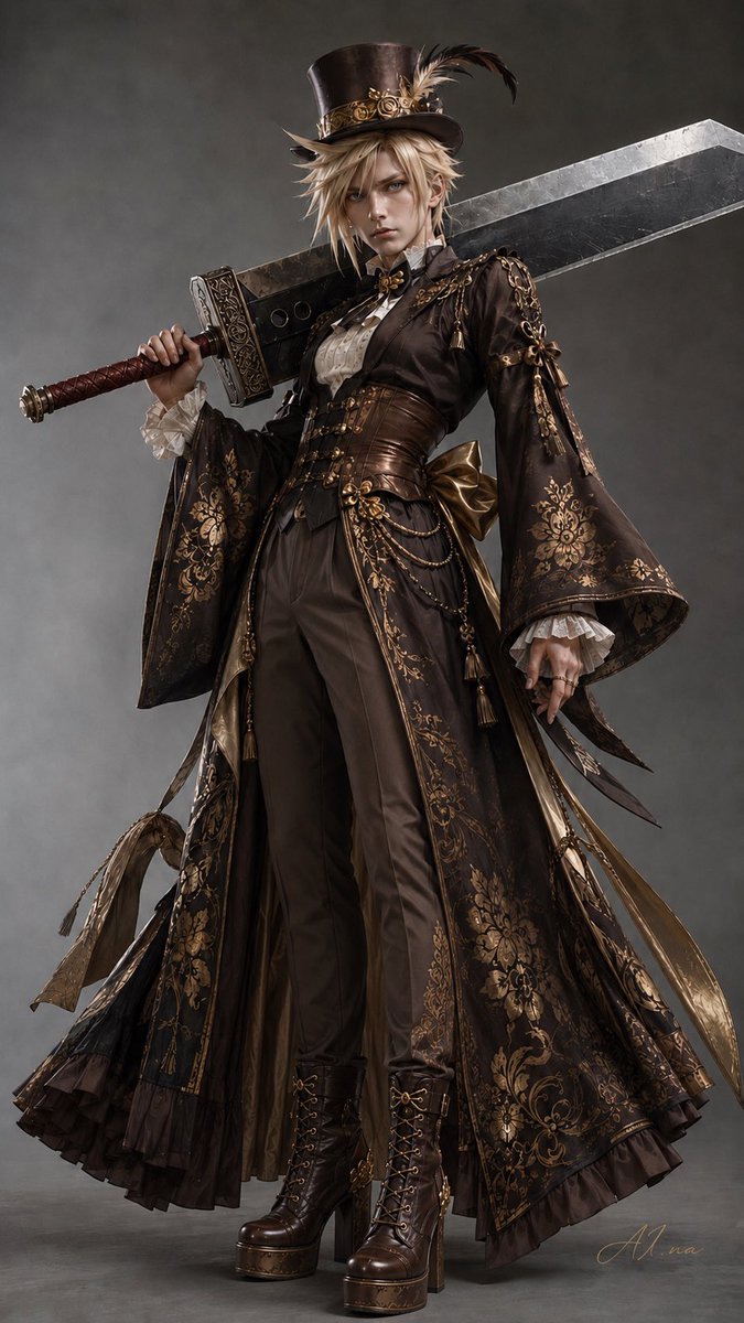 AIna_artmusic's tweet photo. 😍Cloud Strife – Steampunk Victorian Edition ⚙️🗡️

The Buster Sword never looked so aristocratic.

Final Fantasy VII’s legendary merc reimagined in full steampunk-Victorian glory — brass, leather, gold filigree, and that signature brooding stare.

Who else wants Cloud in a corset-coat and top hat in Return  part 3  with CID? 😏

#FF7 #FinalFantasy7 #CloudStrife #Steampunk #Victorian #FanArt #AIArt #AIgenerated #DigitalArt #GamerArt #FFVII