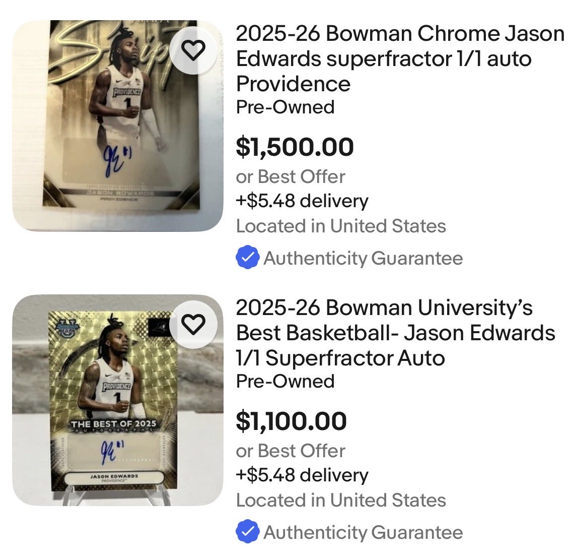 THR_Flipmode's tweet photo. If you got the cash, you can lock down both 1/1 Jason Edwards Superfractors. I believe these are and will be the only two unless he finds his way into the league. https://t.co/VX96MPujPX