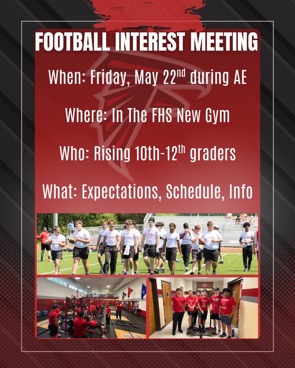 FHS_FalconFB's tweet photo. 🚨SUMMER FOOTBALL MEETINGS🚨

- Player Interest Meeting:
Friday, May 22nd during AE.

-Summer Info Meeting:
Thursday, May 28th. 5:45pm-6:30pm in FHS Falcon room.

-Coach Downs will be visiting Taylor MS Tuesday, May 26th 7:20am &amp; Marshall MS Wednesday, May 27th 9:30am. https://t.co/dzNgfUeJyc
