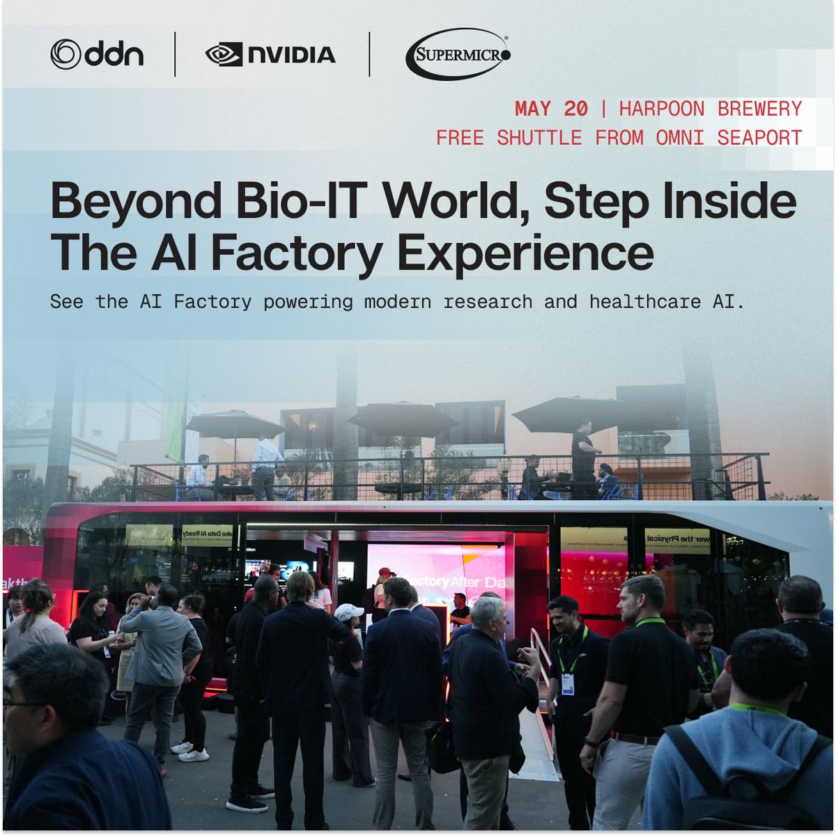 DDNintelligence's tweet photo. Two drink tickets. A chance at Red Sox tickets. And world-class AI infrastructure. Not bad for a Wednesday. ⚾

Join DDN, Supermicro, and NVIDIA at Harpoon Brewery on May 20th — right in the middle of Bio-IT World — for a hands-on AI infrastructure experience that's anything but a typical vendor booth.

We're bringing AI-ready data pipelines and AI factory environments to life. (And yes, the beer is real too.)

Here's what's waiting for you:
🧠 Hands-on demos of cutting-edge AI infrastructure
🍺 Ace the Harpoon Beer Quiz → earn 2 drink tickets
🏆 First 50 guests take home a limited-edition etched pint glass
⚾ Register + attend for a chance to win Yankees vs. Red Sox tickets

📅 May 20, 2026
⏰ 9:00am–5:00pm ET
📍 Harpoon Brewery, Boston

Spots are limited. Grab yours now: https://t.co/q9dHpWJ7x3