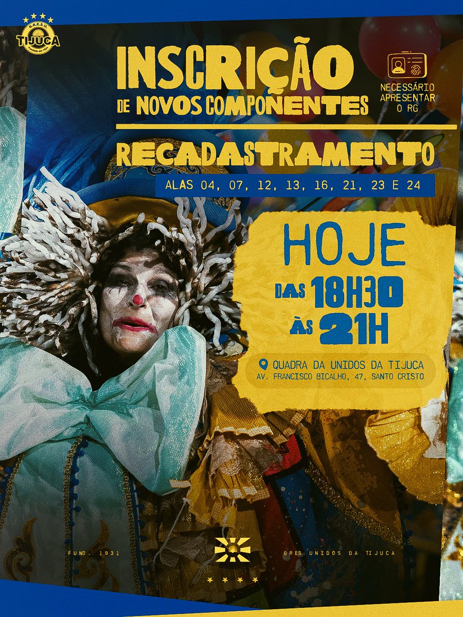 gresutijuca's tweet photo. É HOJE! Seguimos com o recadastramento para o Carnaval 2027! E você que nunca desfilou e quer desfilar, também poderá se inscrever! Inscrições de 18:30 às 21 horas em nossa quadra. Não esqueça de levar seu RG.
 
📍Avenida Francisco Bicalho 47 - Santo Cristo https://t.co/WhlViqQeFj