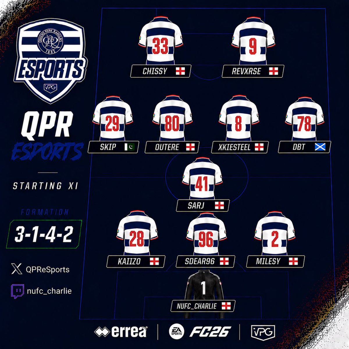 QPReSports's tweet photo. 🔵MD7 Team News⚪️

Tonight starting XI:

🏴󠁧󠁢󠁥󠁮󠁧󠁿 | @NUFC_CHARLIE_ 
🏴󠁧󠁢󠁥󠁮󠁧󠁿 | @milesy1867 
🏴󠁧󠁢󠁥󠁮󠁧󠁿 | @sdear1996 
🏴󠁧󠁢󠁥󠁮󠁧󠁿 | @Kaiizo28x 
🏴󠁧󠁢󠁥󠁮󠁧󠁿 | @sarJAFC 
🏴󠁧󠁢󠁳󠁣󠁴󠁿 | @DanielDBThomson 
🏴󠁧󠁢󠁥󠁮󠁧󠁿 | @Kiesteel 
🏴󠁧󠁢󠁥󠁮󠁧󠁿 | @Outere_99 
🇵🇰 | @HS_Skipper 
🏴󠁧󠁢󠁥󠁮󠁧󠁿 | @MKRevxrse 
🏴󠁧󠁢󠁥󠁮󠁧󠁿 | @Chissyyy14 

@OfficialVPG 
@QPR 
#WeAreQPR https://t.co/9xToTgNk8B