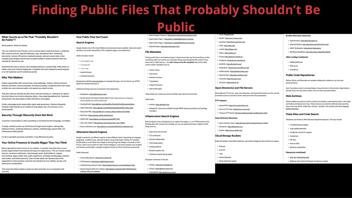 cyb_detective's tweet photo. Finding Public Files That Probably Shouldn’t Be Public

Search Engines
Alternative Search Engines
File Metadata
Infrastructure Search Engines
Open Directories and File Servers
Cloud Storage Buckets
Paste Sites and Code Search
URL Shorteners

https://t.co/toiVaNuPIr https://t.co/WD04Euf4qI