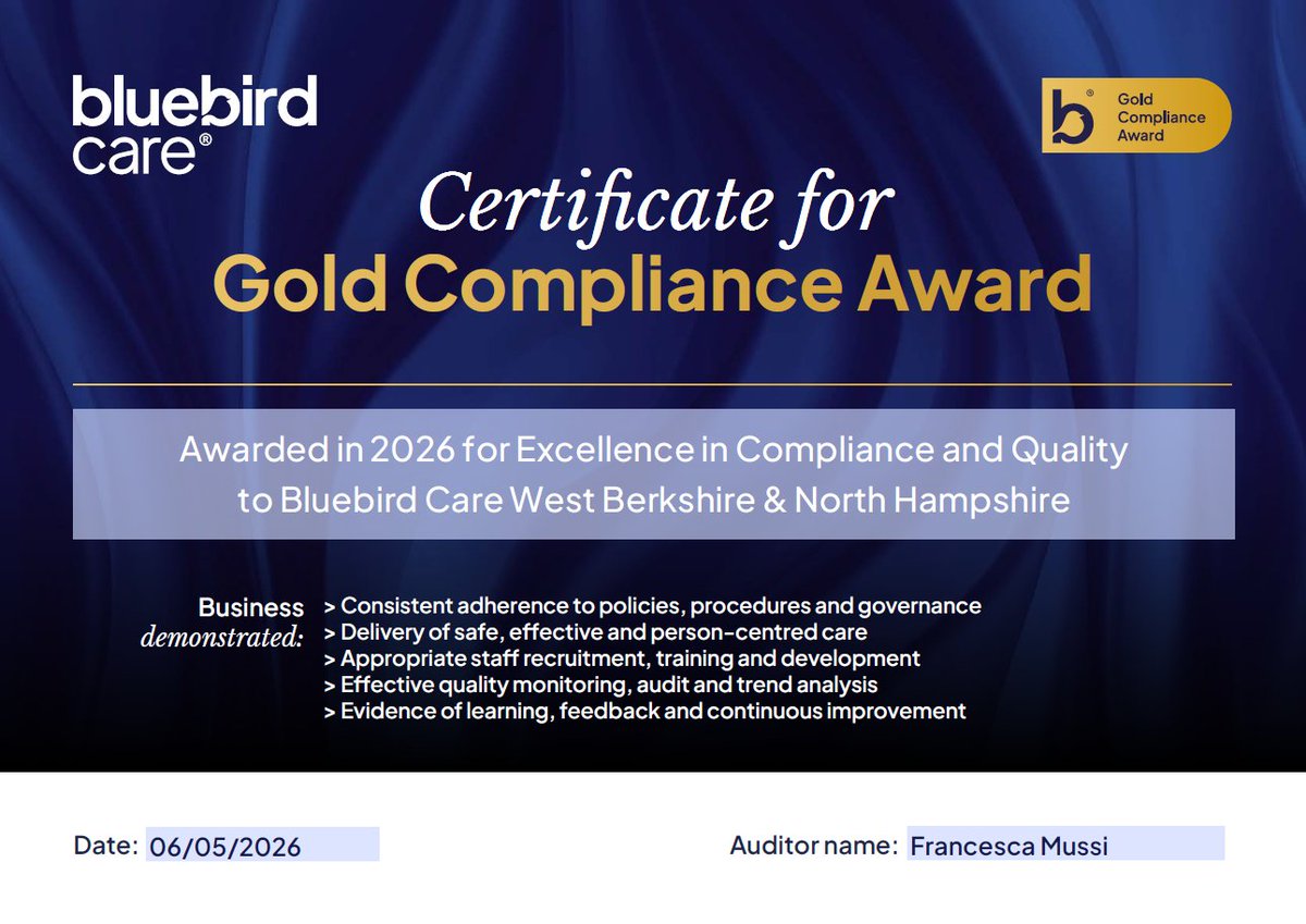 BluebirdNHWB's tweet photo. We’re delighted to share that following our recent audit, our office achieved the Gold Compliance Award for 2026!🌟

We are so proud of everyone!👏

Start your care within 24hrs of an assessment👉 https://t.co/a3yt9B8hV8

#GoldCompliance #Award #BluebirdCare #HomeCare #Care #Home https://t.co/HAGzHeh9ca