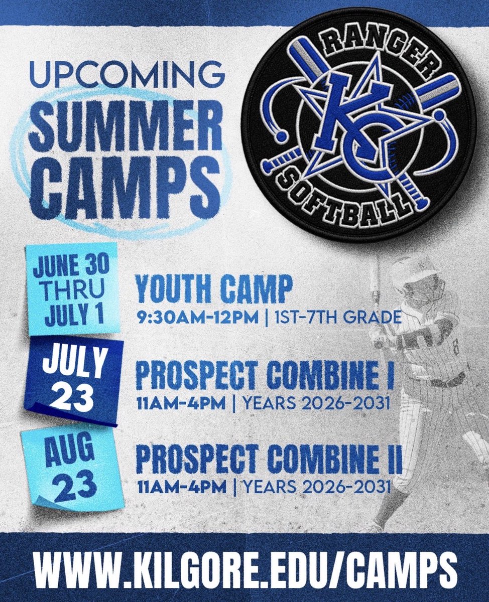 KilgoreSoftball's tweet photo. 🚨𝓚𝓲𝓵𝓰𝓸𝓻𝓮 𝓒𝓸𝓵𝓵𝓮𝓰𝓮 𝓢𝓸𝓯𝓽𝓫𝓪𝓵𝓵 𝓒𝓪𝓶𝓹𝓼🚨

🔵Youth Camp | June 30 - July 1

🔵Prospect Combine I | July 23

🔵Prospect Combine II | Aug 23

📲 Register now at https://t.co/pUCIBgMX9O https://t.co/OvS84pPFQE