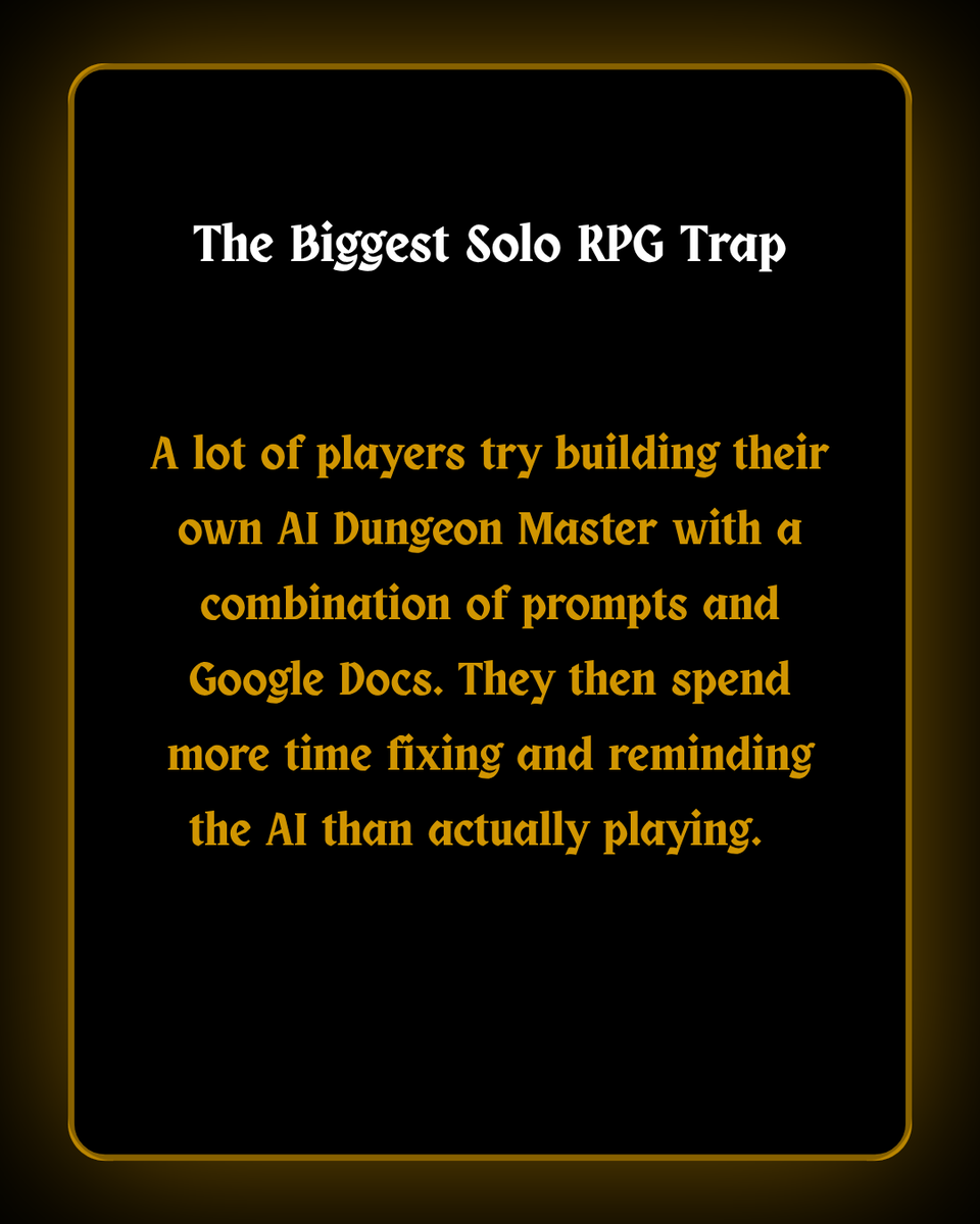 DungeonsDeepAI's tweet photo. Solo tabletop is having a moment — and no, it’s not a compromise.

We broke down how solo play works, why DIY chatbot GMs usually fall apart, and what makes purpose-built AI Game Masters different.

Read the full guide on the blog.

#ttrpgs #rpg #gaming #tabletopgames https://t.co/FbSLgZSgEU