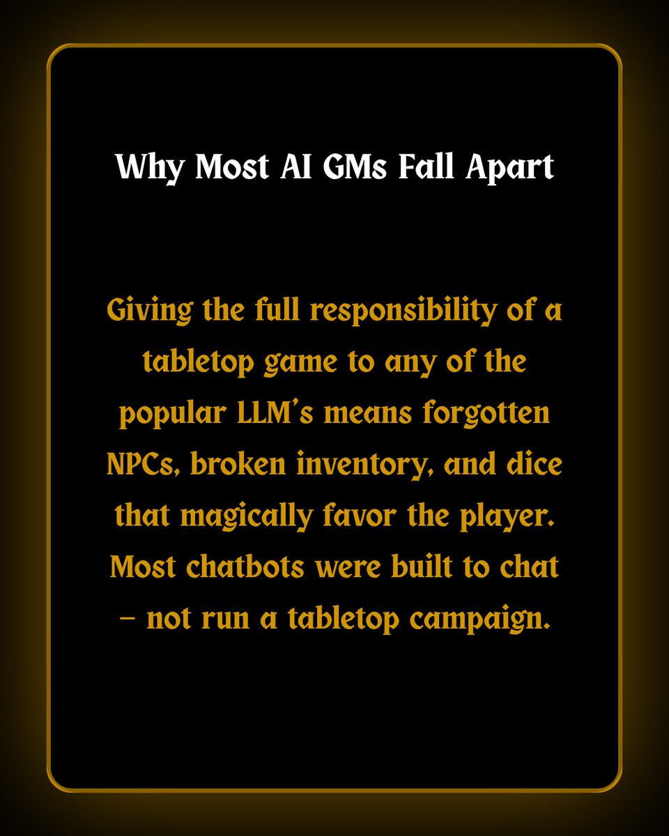 DungeonsDeepAI's tweet photo. Solo tabletop is having a moment — and no, it’s not a compromise.

We broke down how solo play works, why DIY chatbot GMs usually fall apart, and what makes purpose-built AI Game Masters different.

Read the full guide on the blog.

#ttrpgs #rpg #gaming #tabletopgames https://t.co/FbSLgZSgEU