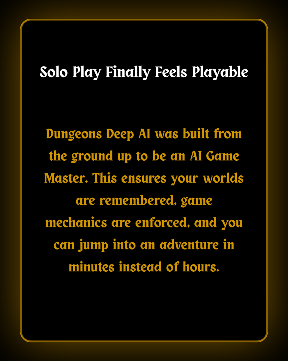 DungeonsDeepAI's tweet photo. Solo tabletop is having a moment — and no, it’s not a compromise.

We broke down how solo play works, why DIY chatbot GMs usually fall apart, and what makes purpose-built AI Game Masters different.

Read the full guide on the blog.

#ttrpgs #rpg #gaming #tabletopgames https://t.co/FbSLgZSgEU