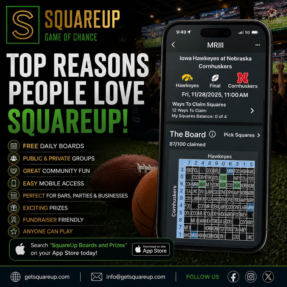getSquareUp's tweet photo. Whether you're hanging at the bar, hosting a party, or competing with friends — SquareUp brings the action every time!
Search “SquareUp Boards and Prizes” on your App Store today!
#SquareUp #SportsBoards #GameDayFun #WinPrizes #SportsFans #CommunityFun #FootballSquares https://t.co/GncFJ7WikS