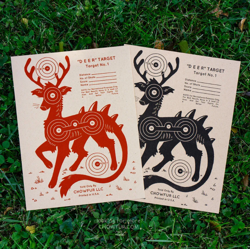 chowfur's tweet photo. red RISO targets have sold out, i still have black RISO targets and stickers 🦌🎯 https://t.co/q9JNtic5ks