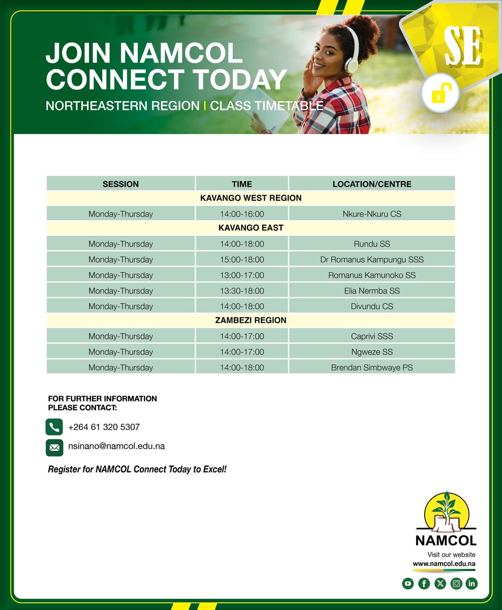 Namcol11's tweet photo. Connect to Success with NAMCOL Connect!

Get ready for the week ahead with our general schedule: Exact times depend on your specific centre. See tables below. 

Check your local timetable today, grab your schedule, and let's make this academic year count! 
#NAMCOL #NAMCOLConnect https://t.co/POTSuxE4qZ